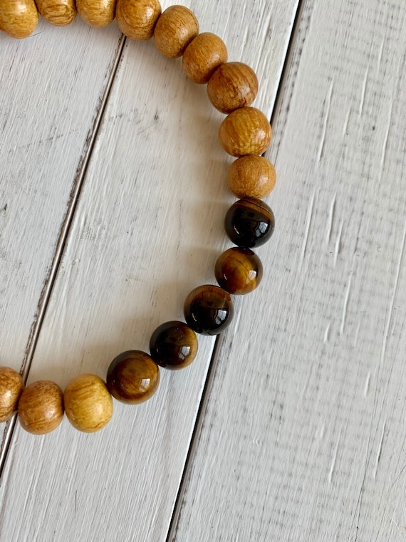 Polished TIGER'S EYE Healing Bracelet w/ Yellow Wood Beads/ B.J.B.A./ MEN'S Bracelet/ Healing Bracelet/ Unisex Bracelet/ Anxiety Relief