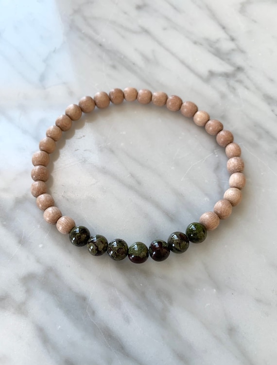 Polished Blood JASPER or Dragon Stone Healing Bracelet w/Rose Wood// B.J.B.A./MEN'S BRACELET/ Healing Bracelet/Unisex Jewelry/ Men’s Fashion