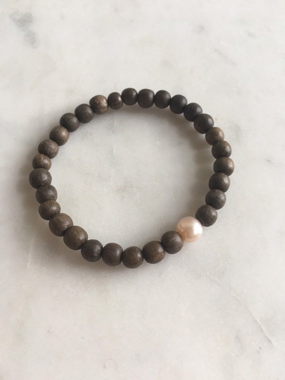 Beautiful Fresh Water PEARL Healing Beads w/ Gray Wood Beaded Bracelet// Statement Bracelet// Birthstone Jewelry// JUNE Birthstone// Pearls