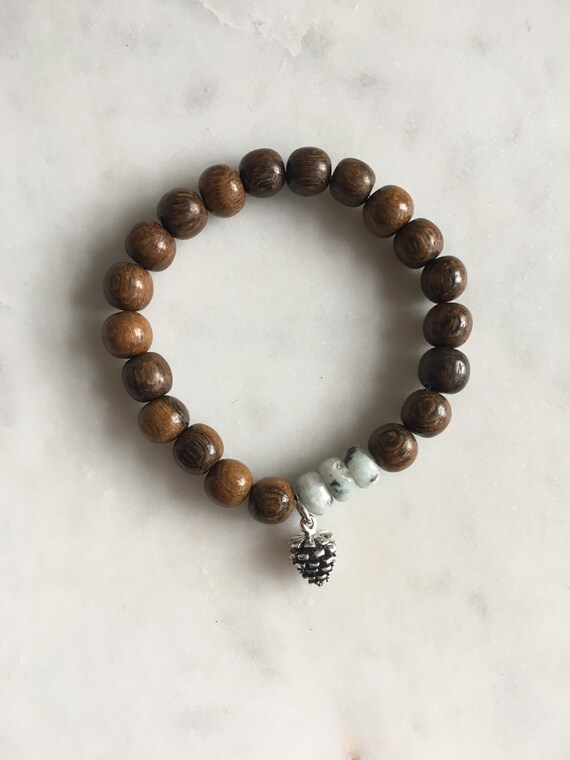Faceted KIWI JASPER Healing Beaded Bracelet with Robles Wood Beads + PINECONE Charm// Charm Bracelet// Stacking Bracelet// Healing Bracelet