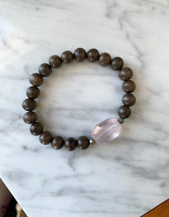 Stunning Faceted ROSE QUARTZ + PYRITE Healing Beads w/Gray Wood Beaded Bracelet/ Stacking Bracelet/ Statement Bracelet/ Rose Quartz/ Love