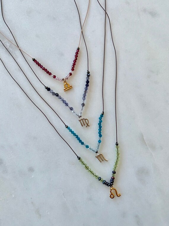 ZODIAC Charm GEM Drop Healing NECKLACES w/Faceted Beads on Silk Cord// Layering Necklace// Healing Necklace// Sterling Silver// Gold Vermeil