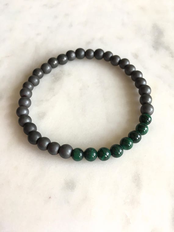 Frosted Hematite Beaded Bracelet w/Polished MALACHITE Healing Beads/ B.J.B.A.// MEN'S BRACELET/ Healing Bracelet/ Unisex Bracelet/ Malachite