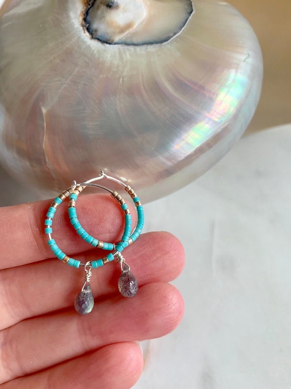 Turquoise + Gold Glass Beaded + Dangle LABRADORITE Sterling Silver HOOP Earrings/ Earrings// Hoop Earrings/ Trendy Hoops// Beaded Earrings