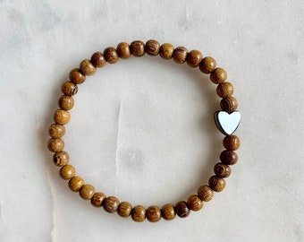 Itty Bitty HEMATITE Heart Healing Bracelet w/ 4mm Robles Wood Beads/ Statement Bracelet/ Healing Bracelet// Stacking Bracelet// HEART Bead