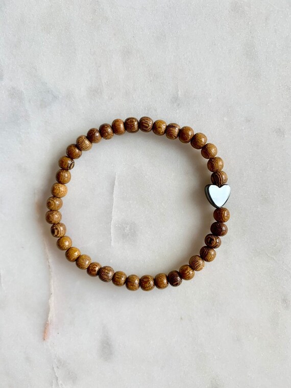 Itty Bitty HEMATITE Heart Healing Bracelet w/ 4mm Robles Wood Beads/ Statement Bracelet/ Healing Bracelet// Stacking Bracelet// HEART Bead