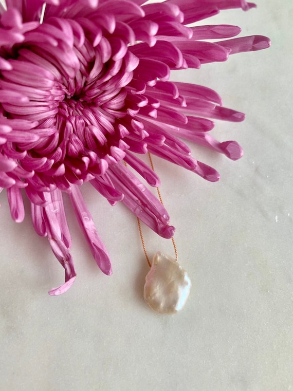 Keshi Pearl GEM DROP Healing NECKLACE w/ Pearl Bead on Silk Cord w/ Sterling Clasp// Layering Necklace// Healing Necklace// June Birthstone