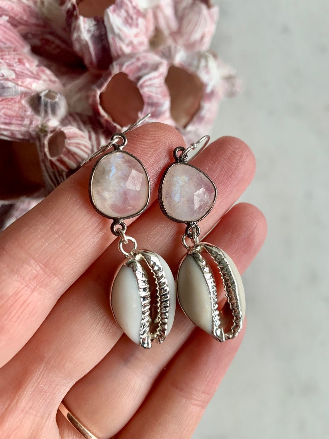 Beautiful SilverDipped Goddess COWRIE Shell Rainbow Moonstone Earrings