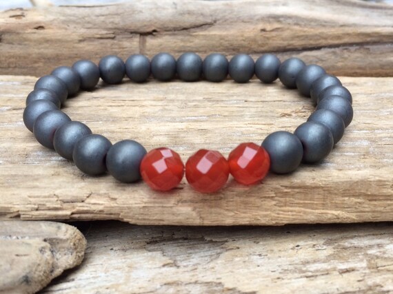 Frosted Hematite Beaded Bracelet with Faceted Carnelian Healing Beads// B.J.B.A.// MEN'S BRACELET// Healing Bracelet// Unisex Bracelet