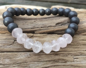 Frosted Hematite Beaded Bracelet with Faceted Rose Quartz Healing Beads// Statement Bracelet// Healing Bracelet// Stacking Bracelet