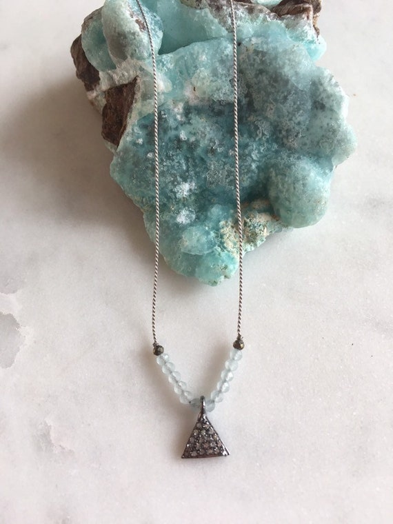 DIAMOND + Sterling Triangle w/BLUE CHALCEDONY Gem Drop Healing Necklace w/Faceted Beads on Sturdy Cord/ Layering Necklace/ April Birthstone