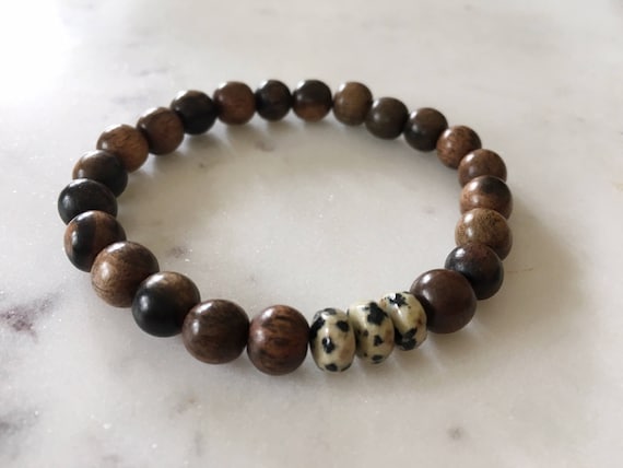 Faceted DALMATIAN JASPER Healing Beaded Bracelet with Tiger Ebony Wood Beads// Statement Bracelet// Stacking Bracelet// Healing Bracelet