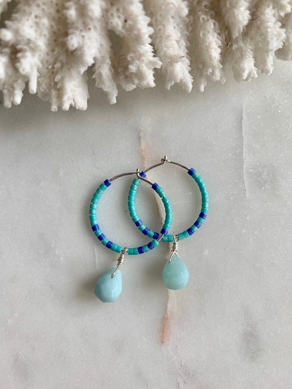 Turquoise + Egyptian Blue Glass Beaded + Dangle AMAZONITE Sterling Silver HOOP Earrings/ Earrings/ Hoop Earrings/ Trendy Hoops/ Beaded Hoops