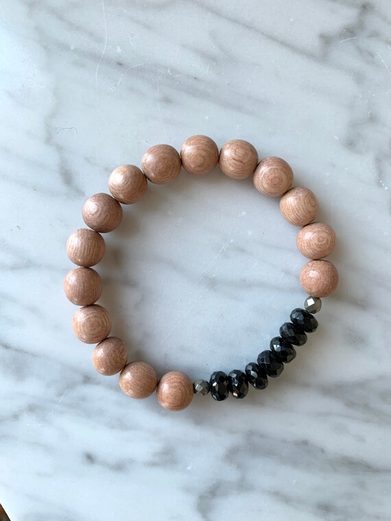 Beautiful Faceted BLACK TOURMALINE +  Pyrite Healing Beads w/Rose Wood Beaded Bracelet// Stacking Bracelet// Statement Bracelet// PROTECTION