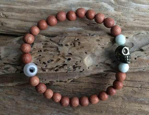 Wooden Beaded Bracelet w/AMAZONITE + PYRITE SKULL Healing Beads w/ Protective Glass Evil Eye Bead// Day of the Dead Bracelet// Crystal Skull