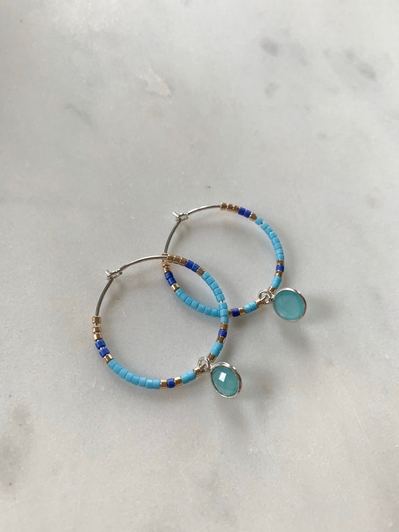 Blue Tones + Gold Glass Beaded + Dangle BLUE CHALCEDONY Sterling Silver HOOP Earrings/ Earrings/ Hoop Earrings/ Beaded Hoops/ Mother’s Day