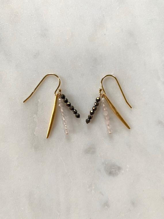 Spike + Sparkle Rose Quartz + Pyrite Faceted Healing Dangle Earrings/Earrings// Beaded Earrings/ Gold Vermeil//