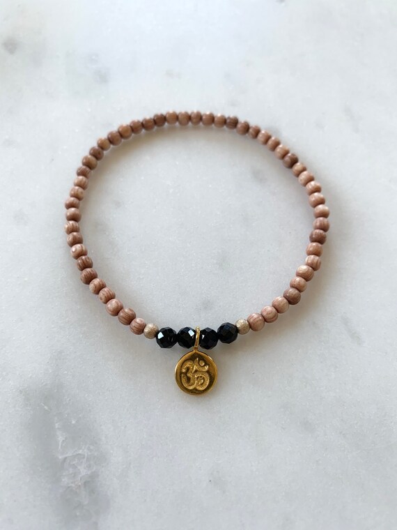 Stunner Collection> Black SPINEL Healing Beads + Gold Vermeil OM Charm w/Rose Wood Beads// Healing Bracelet// Charm Bracelet// Ohm Charm