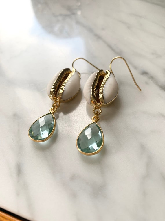 Beautiful GOLD-Dipped Goddess COWRIE Shell + Blue TOPAZ Earrings/ Earrings/ Shell Earrings/ Seashell Jewelry/ Nautical Jewelry/ Cowry Shells