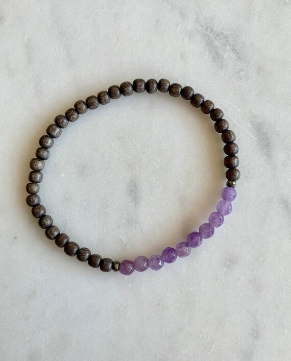 Itty Bitty Faceted AMETHYST + Pyrite Healing Bracelet w/ 4mm Gray Wood Beads// Statement Bracelet// Healing Bracelet// February Birthstone