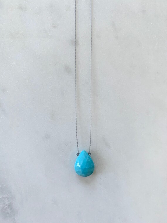 Sleeping Beauty TURQUOISE GEM Drop Healing NECKLACE w/Faceted Briolette Bead on Cord w/ Sterling Clasp// Layering Necklace// Birthstones