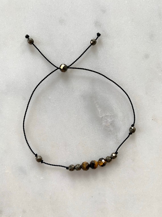 GODDESS Collection> TIGERS Eye + Pyrite Healing Beads// Faceted Gemstones// Minimalism// Adjustable Nylon Bracelet// Layering// Pop of Color