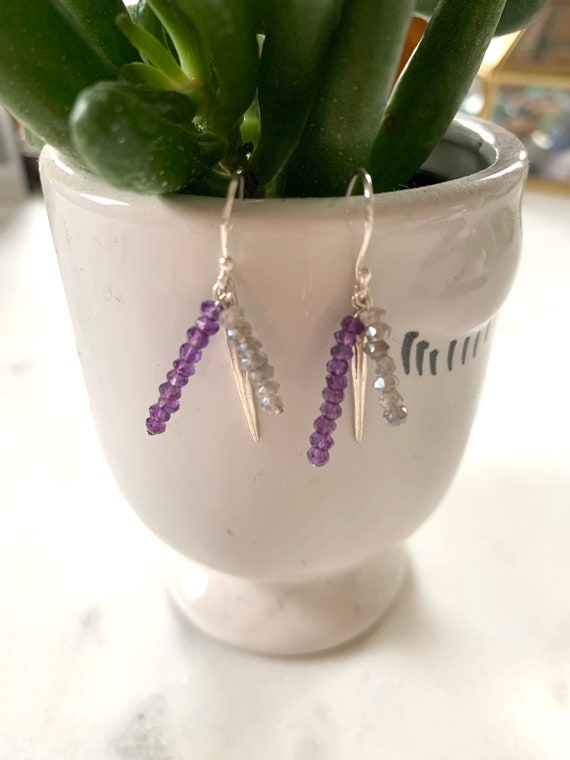 Spike + Sparkle AMETHYST + CHALCEDONY Faceted Healing Dangle Earrings/Earrings// Beaded Earrings/ Sterling Silver// February Birthstone