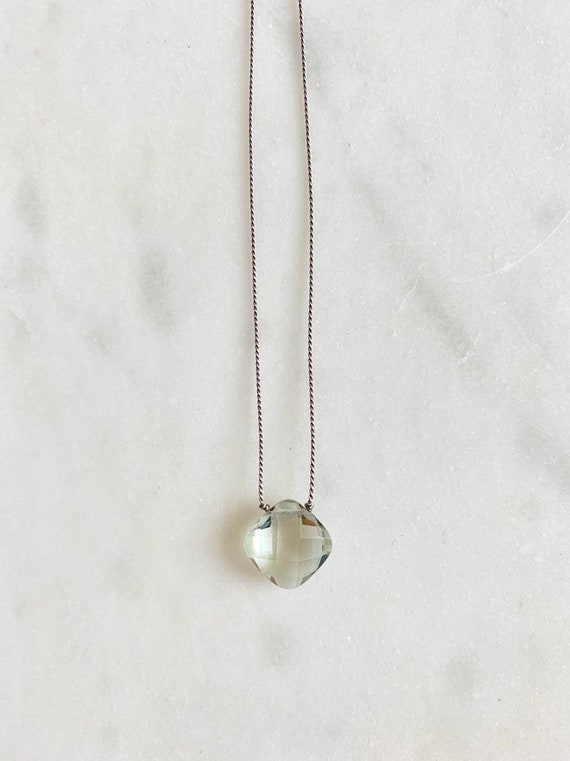 Green Amethyst GEM DROP Healing NECKLACE with Faceted Briolette Bead on Silk Cord/ Layering Necklace// Healing Necklace/ Birthstone Jewelry