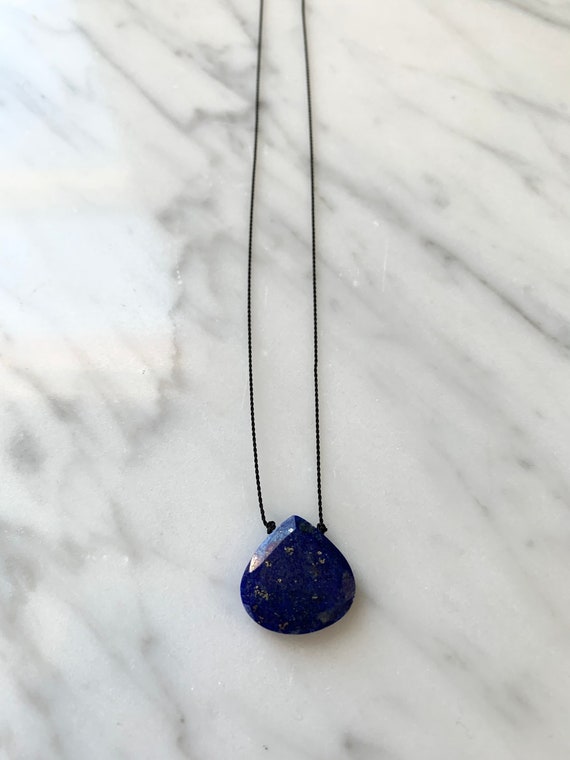 LAPIS LAZULI Gem Drop Healing NECKLACE w/Faceted Briolette Bead on Nylon Cord w/Sterling Clasp/ Layering Necklace/ Healing Necklace/ Lapis