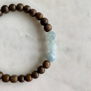 Beautiful Faceted Geometric AQUAMARINE Healing Beads w/Gray Wood Beaded Bracelet// Statement Bracelet// Birthstone Jewelry/ March Birthstone