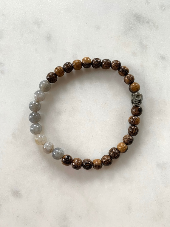 Pyrite SKULL + LABRADORITE Healing Beads on Beaded Wood Bracelet// Healing Bracelet/ Day of the Dead// Dia De Los Muertos/ Protection