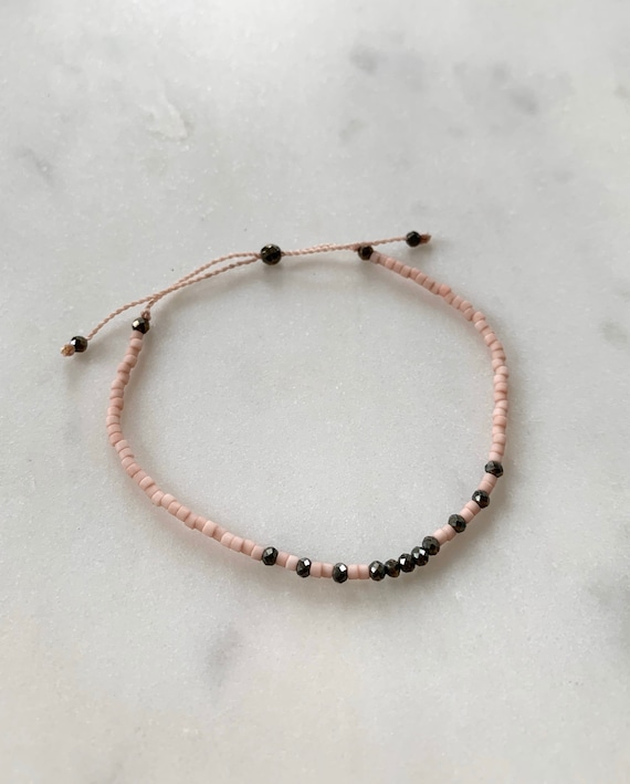 GODDESS Collection> PYRITE Healing Beads w/Matte Light Pink Glass Beads/ Adjustable Nylon Bracelet/Layering/ Pop of Color/ Positivity