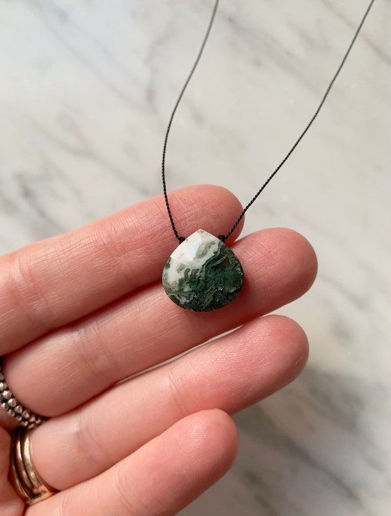 MOSS AGATE Gem DROP Healing Necklace with Faceted Briolette Bead on Nylon Cord// Layering Necklace/ Healing Necklace// Moss Agate/ Grounding