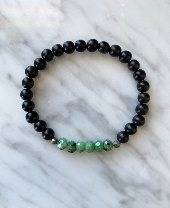 Stunning ZOISITE w/RUBY + Pyrite Healing Beads w/Ebony Wood Beaded Bracelet// Stacking Bracelet// Statement Bracelet/ Healing// Heart Chakra