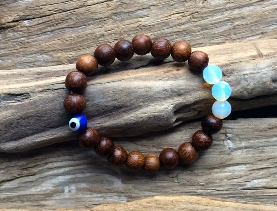 Wooden Beaded Bracelet with BEAUTIFUL Faceted Opalite Beads and Protective Glass Evil Bead// Statement Bracelet