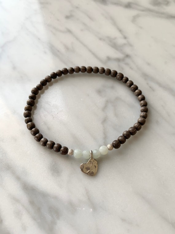 Stunner Collection> AMAZONITE Healing Beads + Sterling Silver Heart Charm w/Gray Wood Beads/ Healing Bracelet// Charm Bracelet/ Love Stones