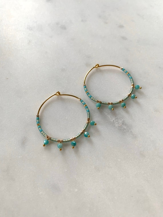 Teal Tones + Gold Glass Beaded + Dangle AMAZONITE Gold Vermeil HOOP Earrings Hoop Earrings/ Trendy Hoops/ Beaded Earrings/ Mothers Day Gifts