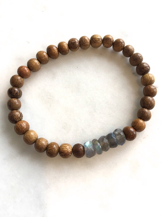 Beautiful Faceted LABRADORITE Healing Beads w/ Robles Wood Beaded Bracelet// Stacking Bracelet// Statement Bracelet// Labradorite Jewelry