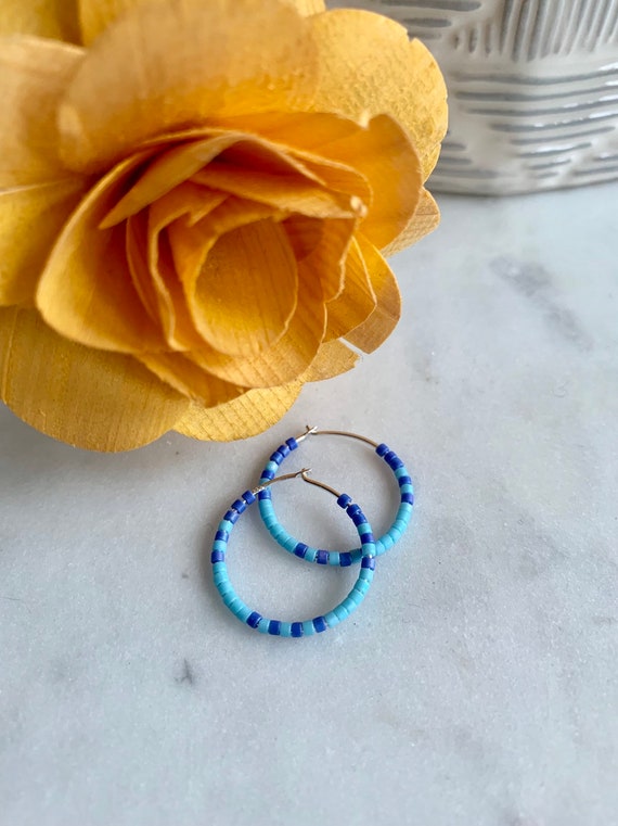 Egyptian Blue + Teal Glass Beaded Sterling Silver HOOP Earrings// Earrings// Hoop Earrings// Trendy Hoops// Beaded Earrings// SUMMER Style