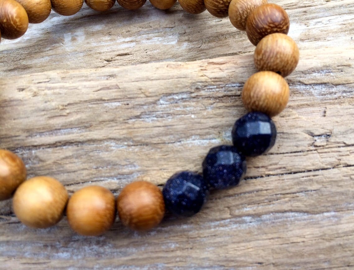Robles Wood Beaded Bracelet with Faceted Blue Goldstone Healing Beads