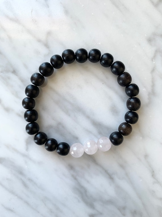 Faceted ROSE QUARTZ Healing Beads w/Ebony Wood Beaded Bracelet/ Statement Bracelet// Healing Bracelet/ Stacking Bracelet// LOVE Stone