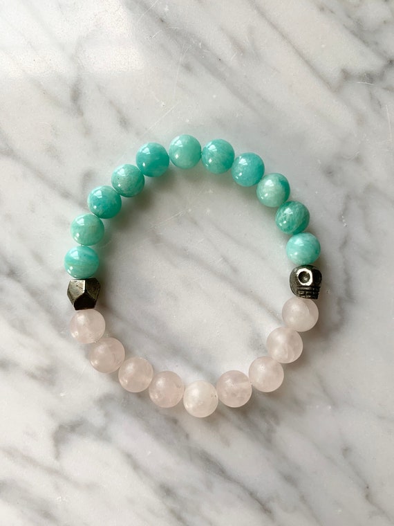 STRESS/Anxiety RELIEF /Positive Mantra Bracelet/ Statement Bracelet Beautiful Healing Stones/ Amazonite/ Rose Quartz/ w/ Pyrite SKULL