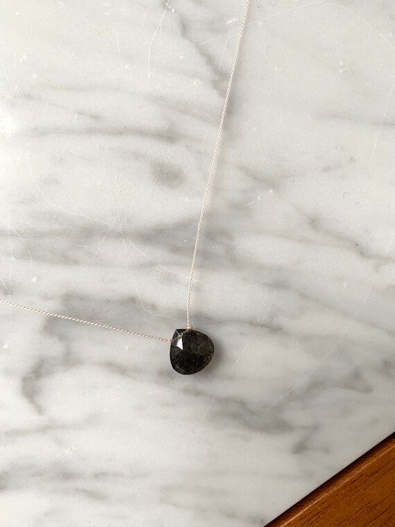 Shiny Black MOONSTONE Gem Drop HEALING Necklace on Nylon Cord/ Layering Necklace/ Healing Necklace/ June BIRTHSTONE Jewelry/ Black Moonstone