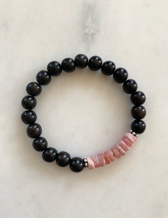 Beautiful RHODOCHROSITE + Pyrite Healing Bracelet w/Tiger Ebony Wood Beads/ Statement Bracelet/ Healing Bracelet// Heart Chakra Stone// Love