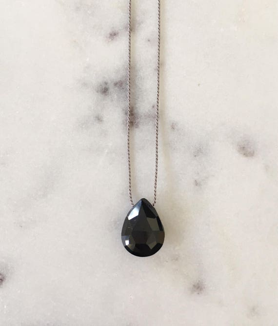 Black Spinel GEM DROP Healing NECKLACE w/ Faceted Briolette Bead on Silk Cord// Layering Necklace// Healing Necklace// Delicate Necklace