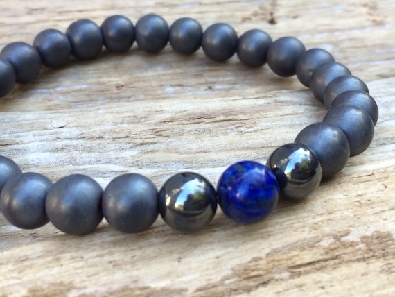 Frosted/Polished Hematite Beaded Bracelet with Polished Lapis Healing Beads// B.J.B.A.// MEN'S BRACELET// Healing Bracelet// Unisex Bracelet