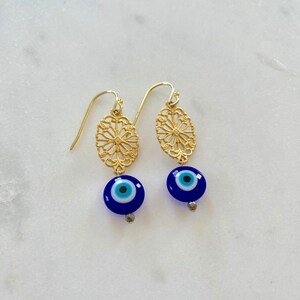 EVIL EYE + Gold FILIGREE Earrings/Earrings// Beaded Earrings/ Gold Vermeil// Evil Eye Jewelry/ Protection Jewelry