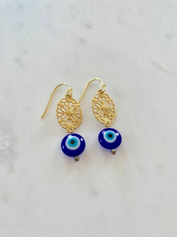 EVIL EYE + Gold FILIGREE Earrings/Earrings// Beaded Earrings/ Gold Vermeil// Evil Eye Jewelry/ Protection Jewelry