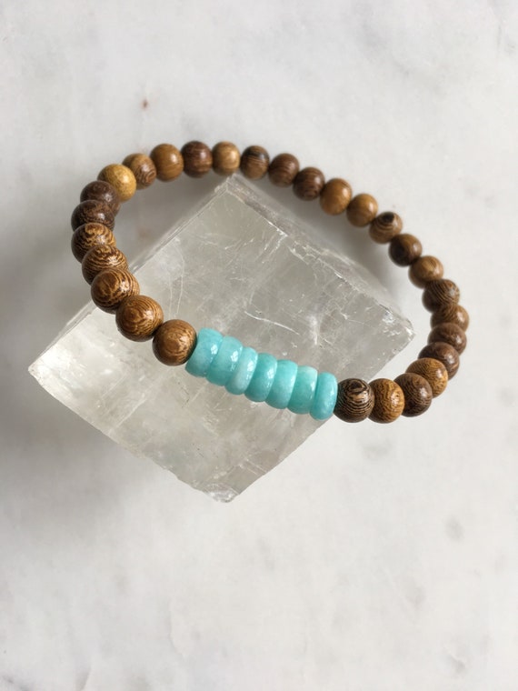 Robles Wood Beaded Bracelet with Beautiful Polished Amazonite Healing Beads// Stacking Bracelet// Healing Bracelet// Statement Bracelet