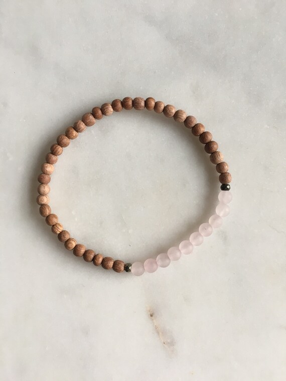 Itty Bitty Matte ROSE QUARTZ + Pyrite Healing Bracelet w/ 4mm Rose Wood Beads/ Statement Bracelet/ Healing Bracelet// Stacking Bracelet